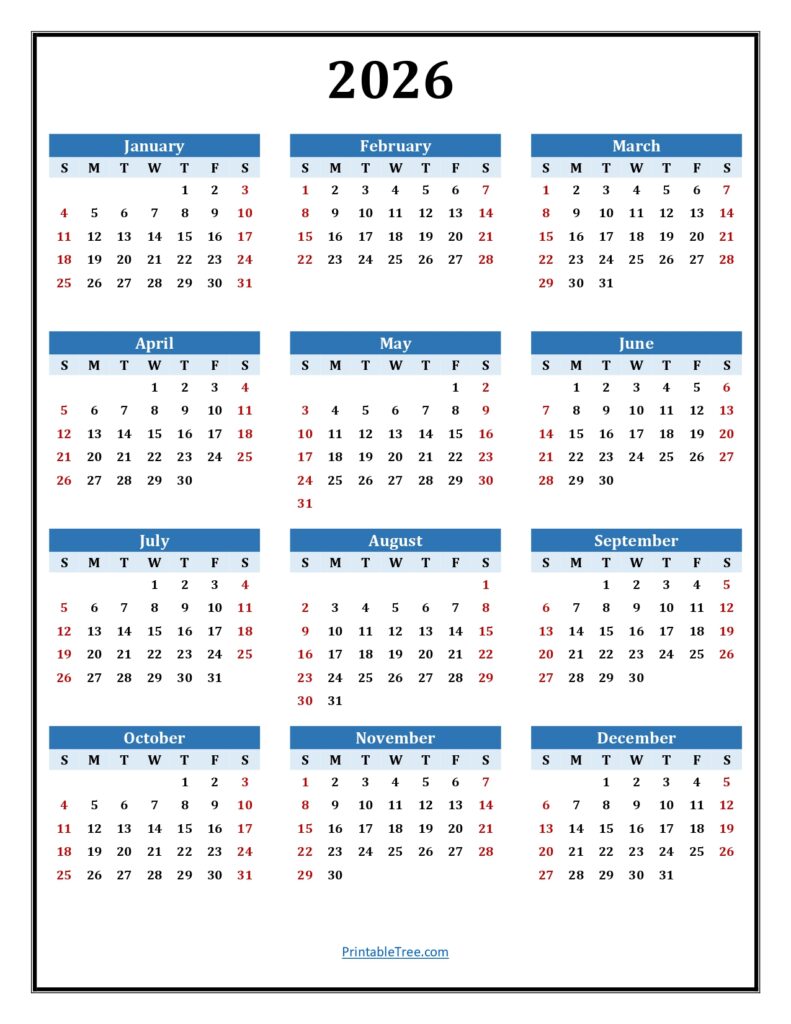 2026 Yearly Calendar One Page Printable