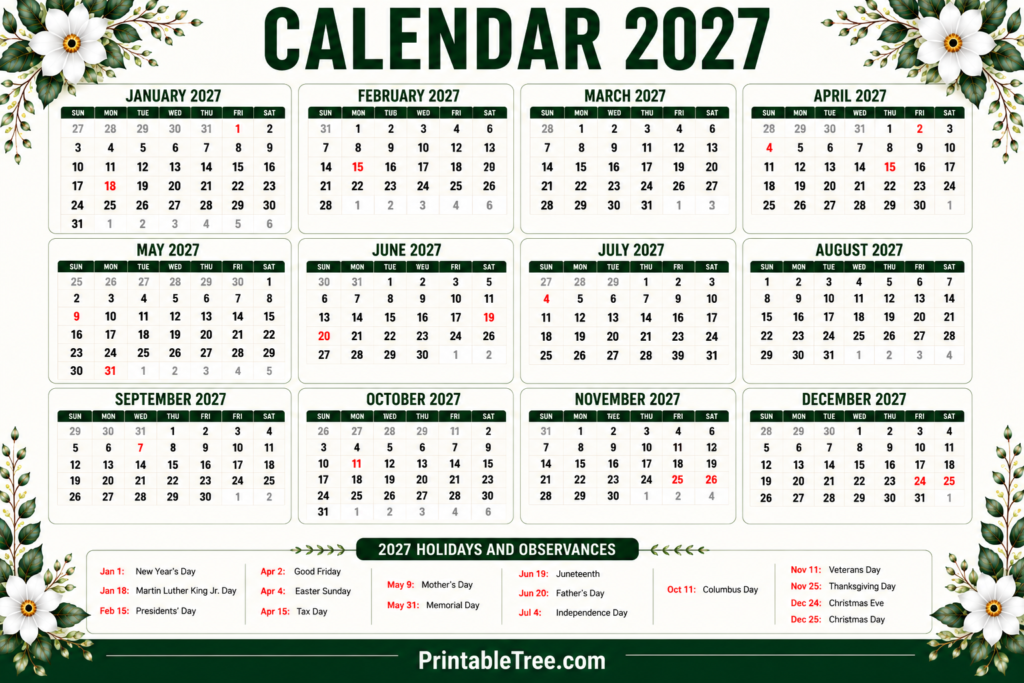 2027 Calendar Floral with holiday Landscape