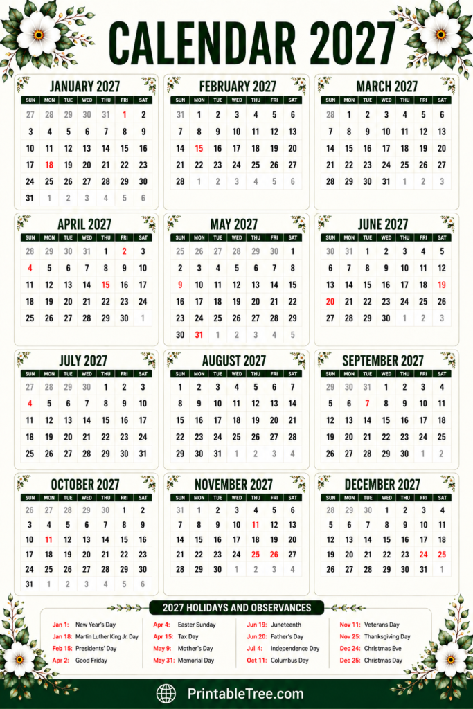 2027 Calendar Floral with holiday Portrait