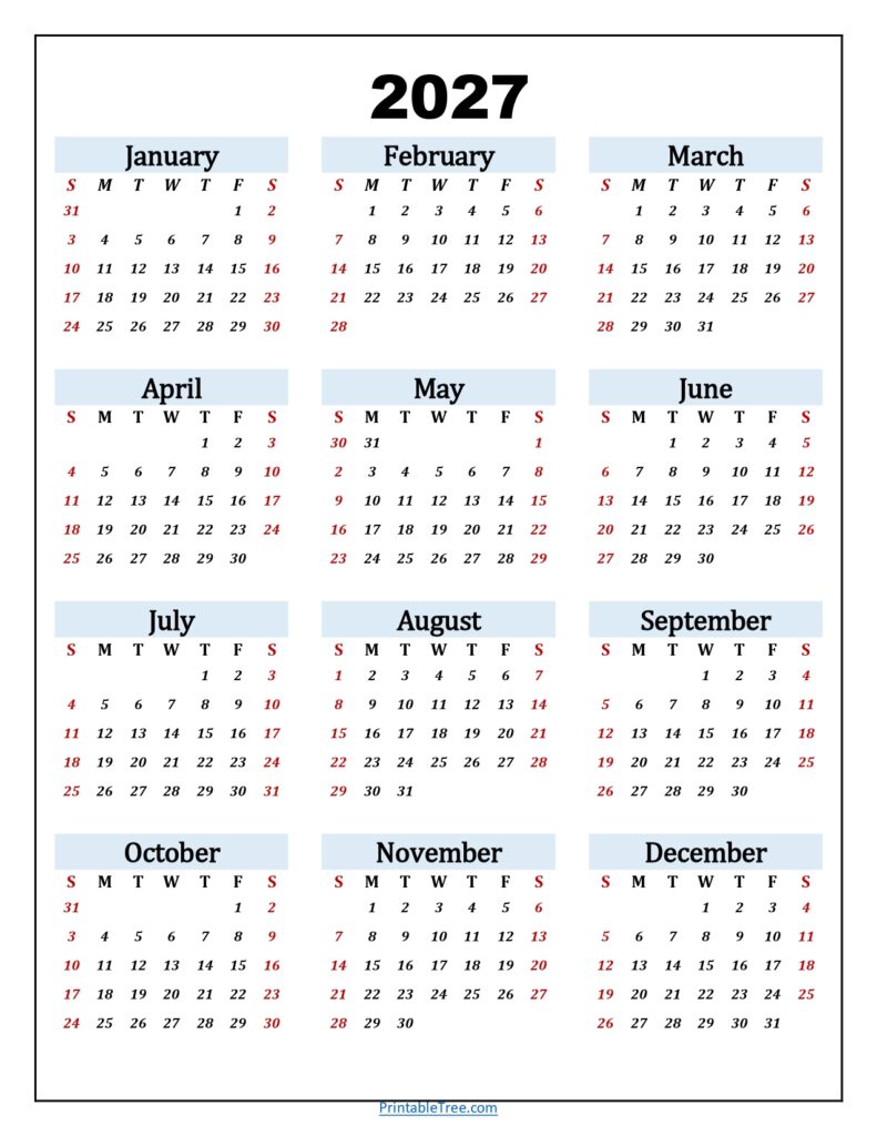 2027 Calendar Light blue Italicized Portrait