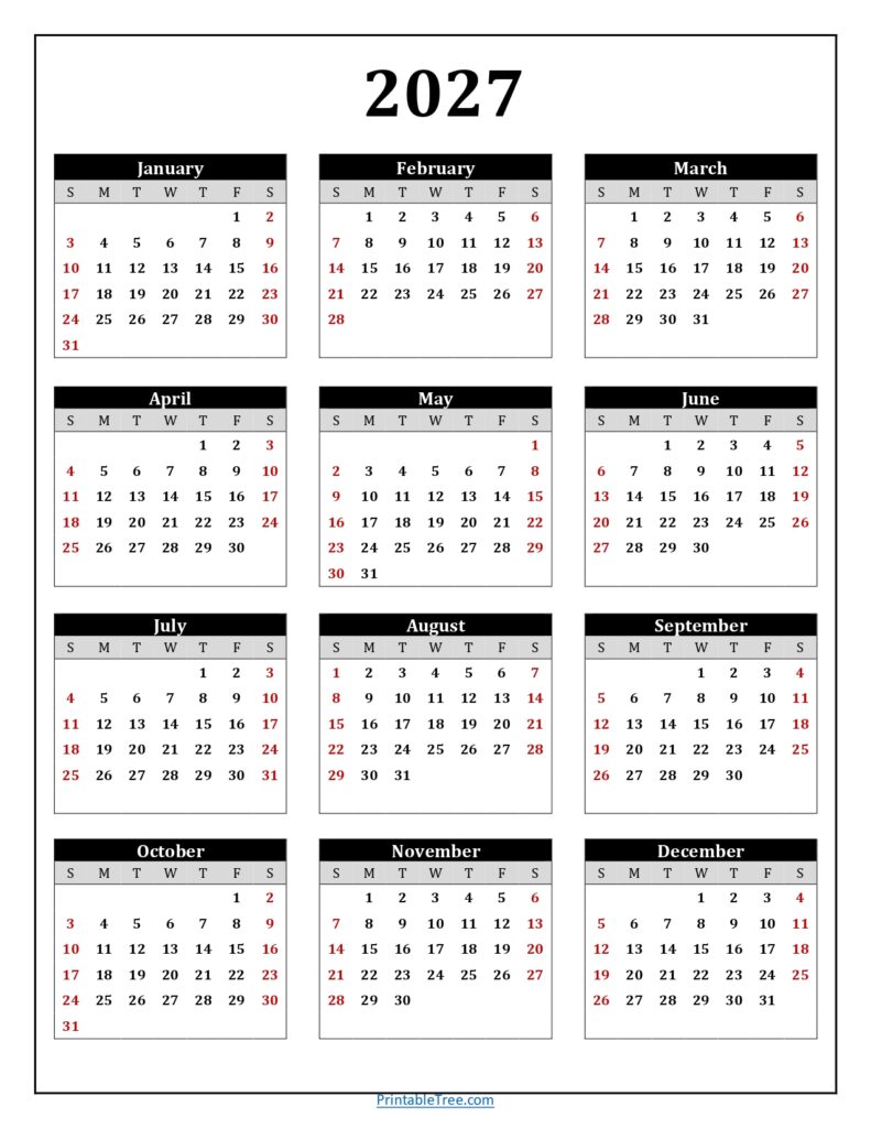 2027 Calendar One Page Black Portrait