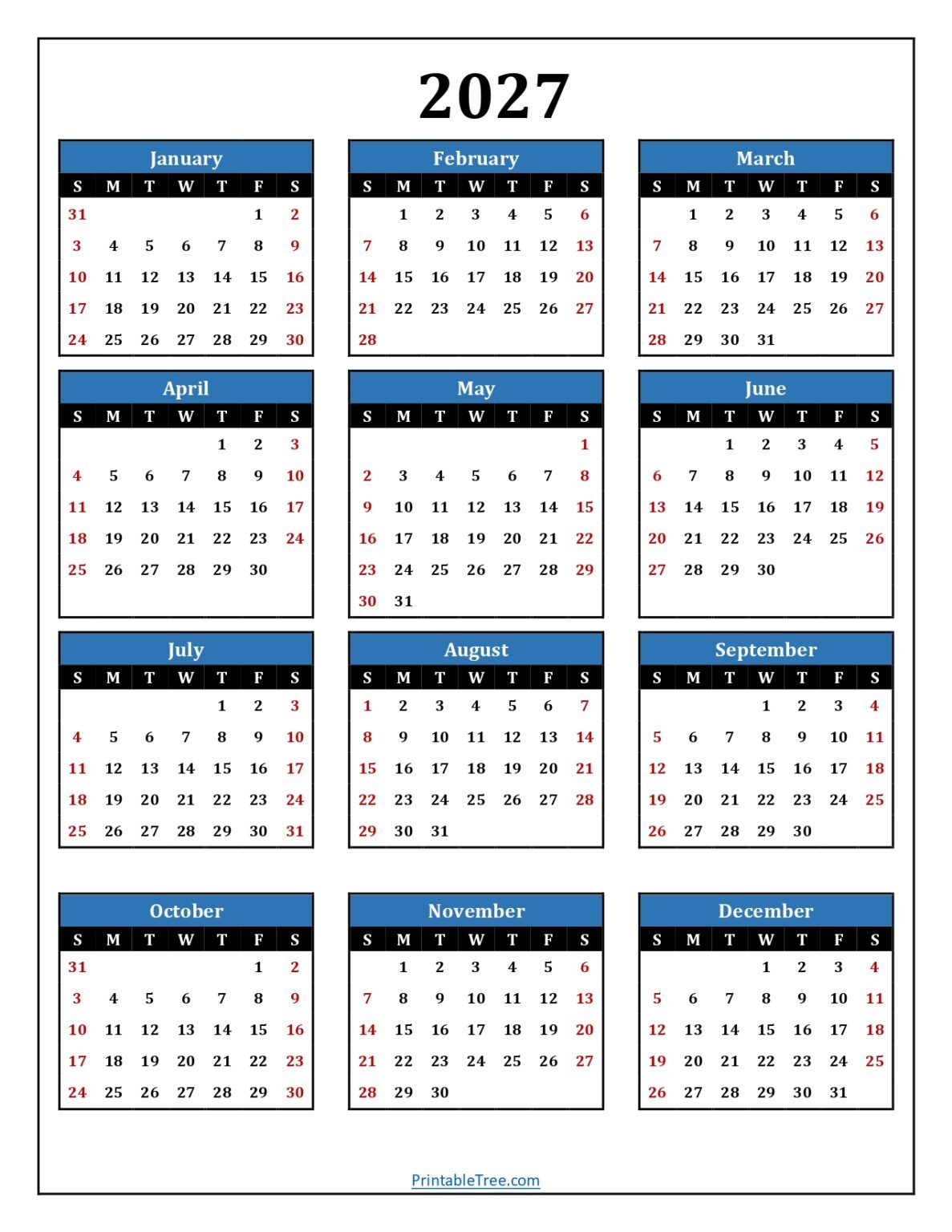 Printable Calendar 2027 One Page with Holidays (Single Page) 2027