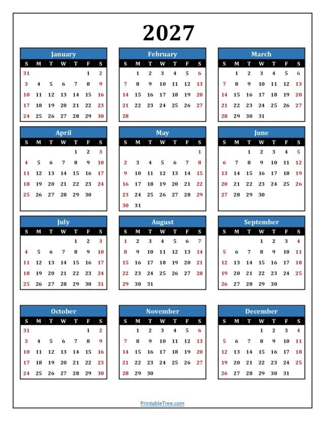 Printable Calendar 2027 One Page with Holidays (Single Page) 2027