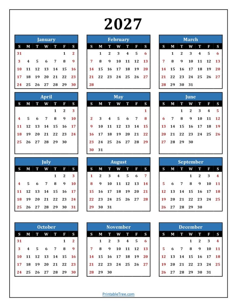 Printable Calendar 2027 One Page with Holidays (Single Page) 2027
