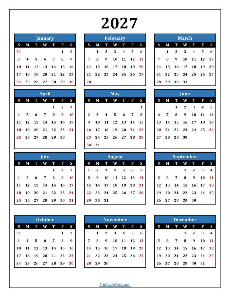2027 Calendar One Page Blue Portrait