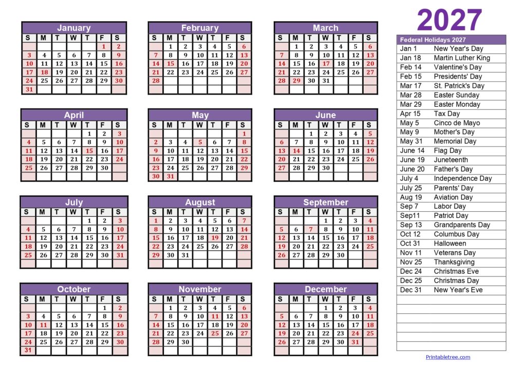 2027 Calendar One Page with Holidays