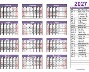 2027 Calendar One Page with Holidays