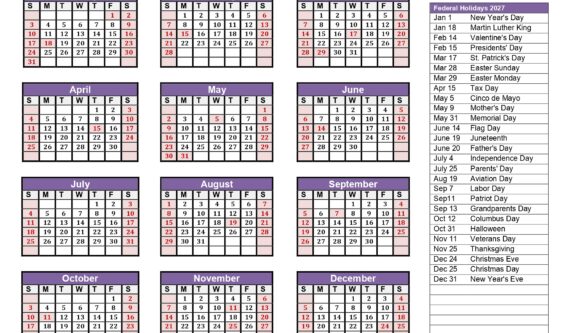 2027 Calendar One Page with Holidays