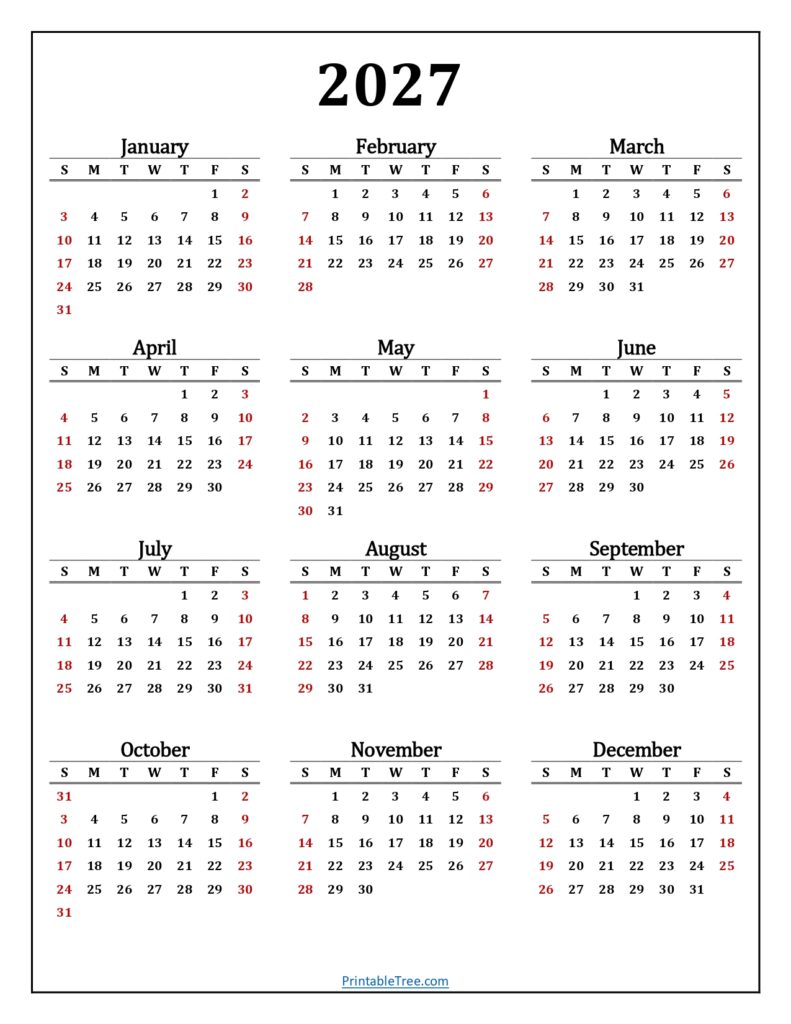 2027 Calendar Printable Classic Portrait