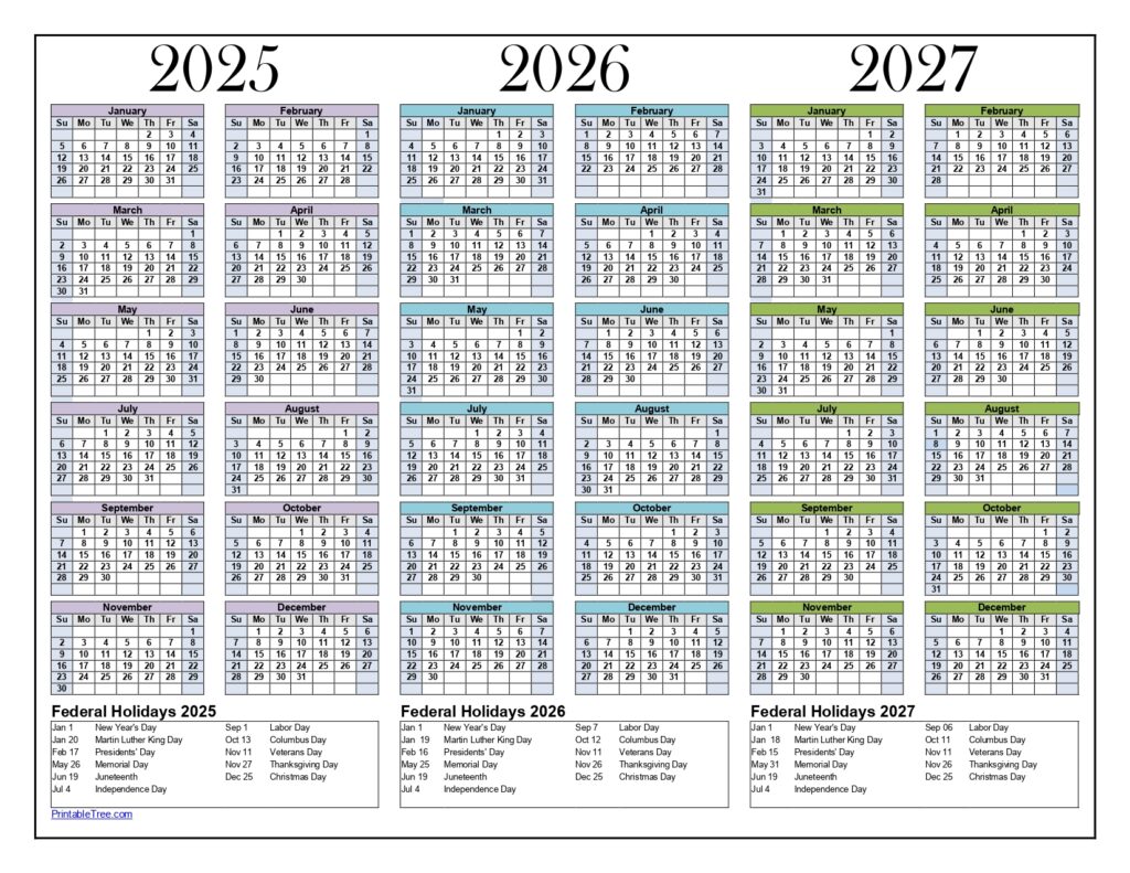 3 Year Calendar 2025-2026-2027 with Holidays