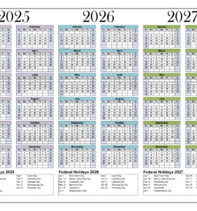 3 Year Calendar 2025-2026-2027 with Holidays