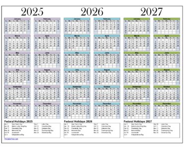 3 Year Calendar 2025-2026-2027 with Holidays