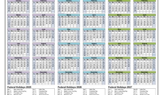 3 Year Calendar 2025-2026-2027 with Holidays