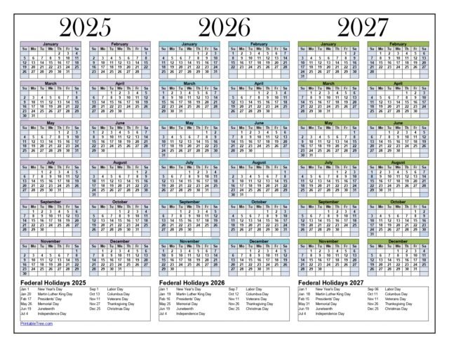 Free Printable 3 Year Calendar 2025, 2026 & 2027 PDF Templates