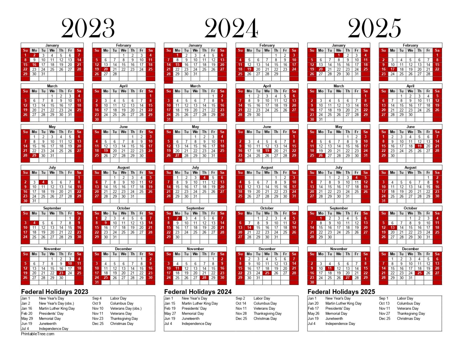 Free Printable 3 Year Calendar 2023, 2024 & 2025 PDF Templates