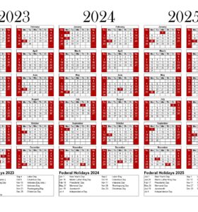 3 Year Calendar Printable One Page 2023 2024 2025