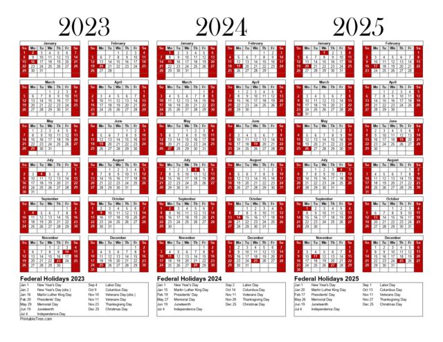 Free Printable 3 Year Calendar 2023, 2024 & 2025 Pdf Templates