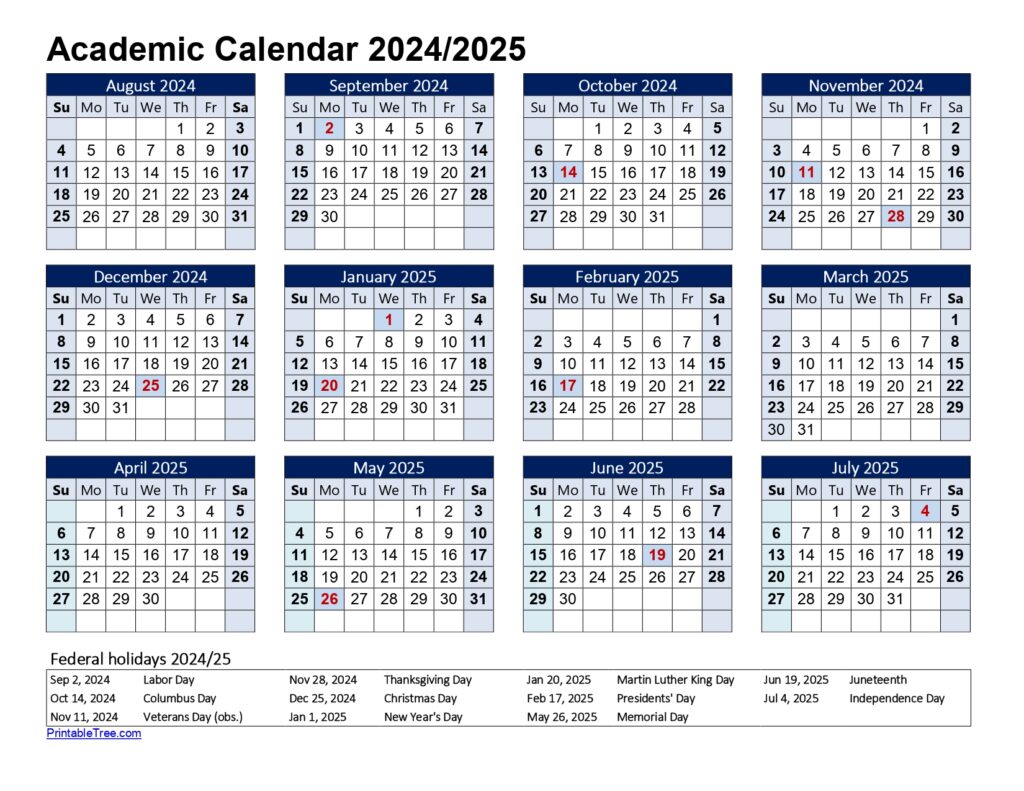 Academic Calendar 2024 to 2025 Landscape Blue