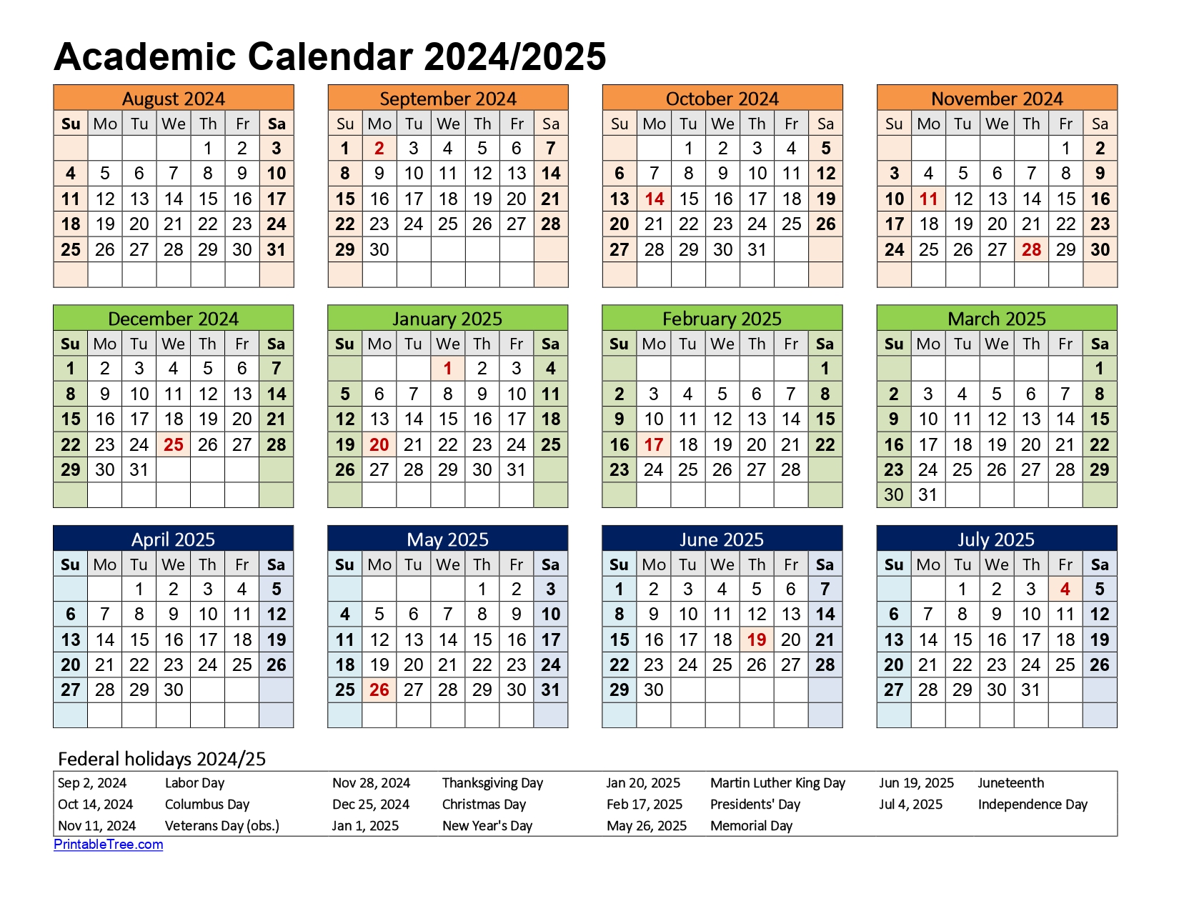 Free Printable Academic Calendar 2024 to 2025 Templates - Printable Tree