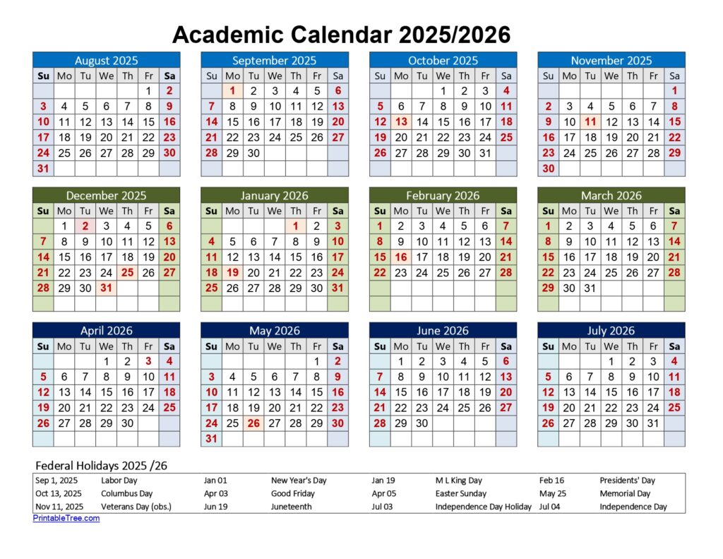 Academic Calendar 2025 to 2026 Landscape