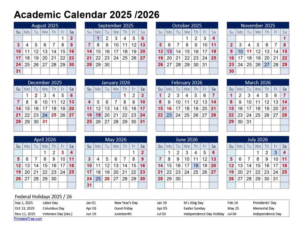 Academic Calendar 2025 to 2026 Landscape Blue