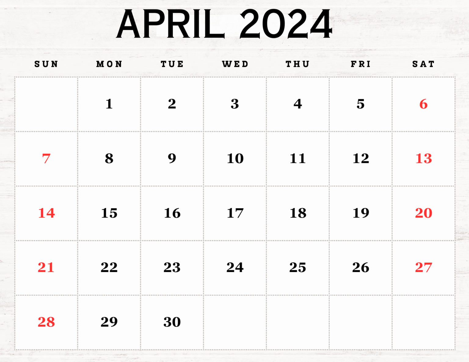 Blank April 2024 Calendar Printable PDF Template With Holidays