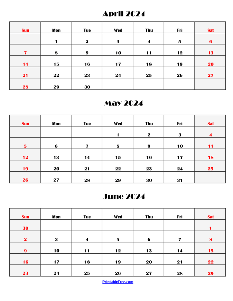 April 2024 to June 2024 - 3 Months Calendar