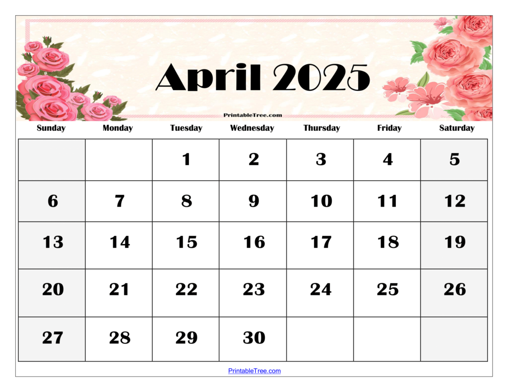 April 2025 Calendar Printable PDF Template with Holidays