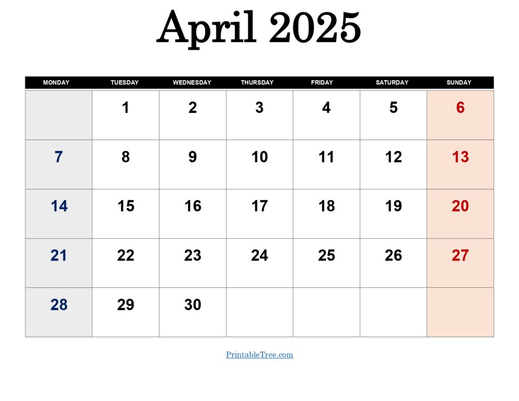 April 2025 Monday Start Calendar