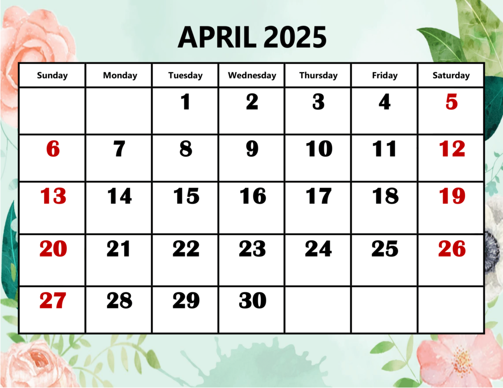 April 2025 Rose and Leaf Background Calendar