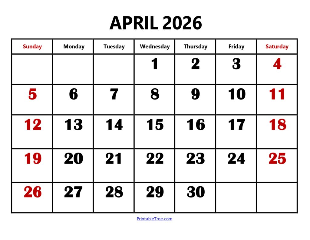 April 2026 Calendar Large Number