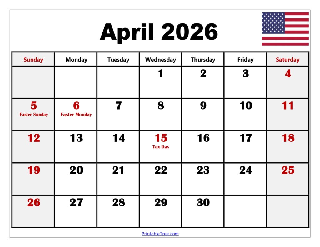 April 2026 Calendar with Holidays