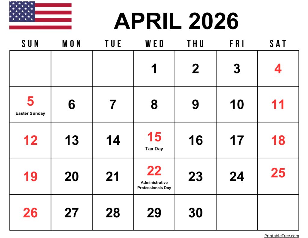 April 2026 Calendar with US Holidays