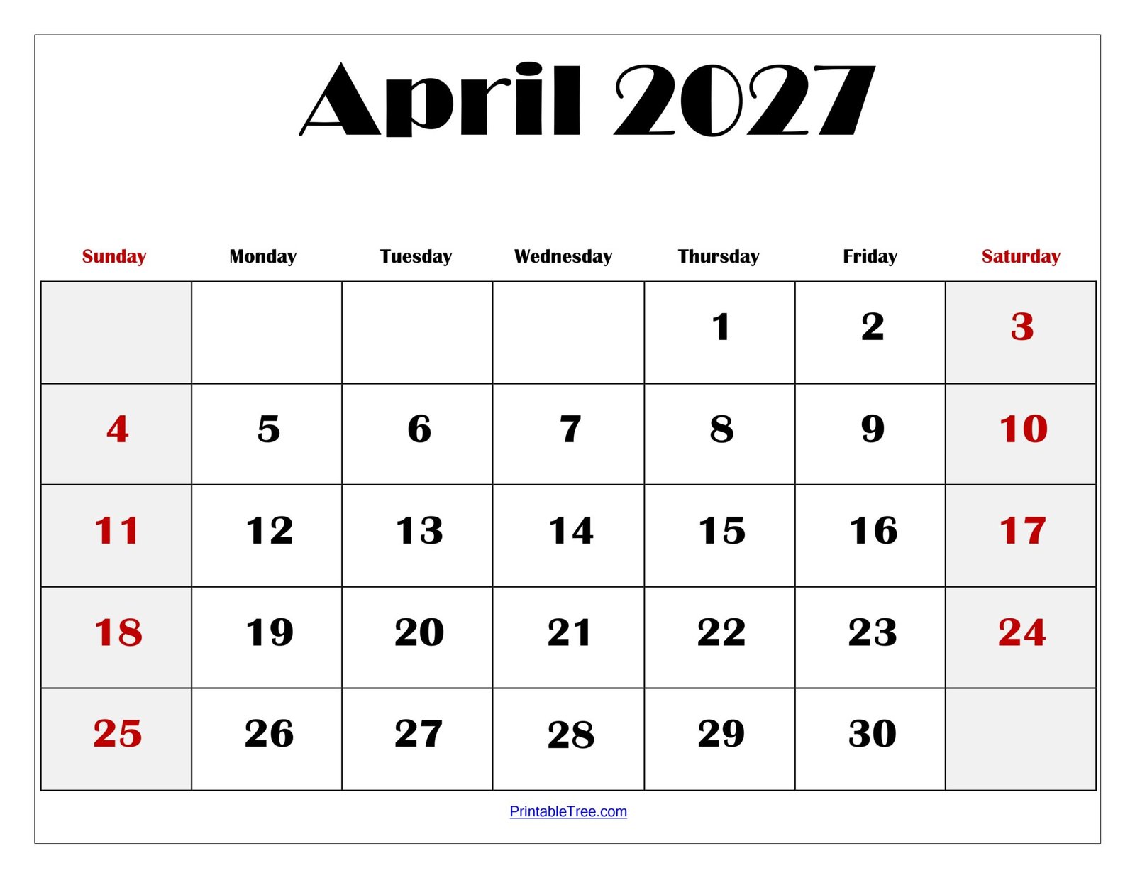 Blank April 2027 Calendar Printable PDF Template With Holidays