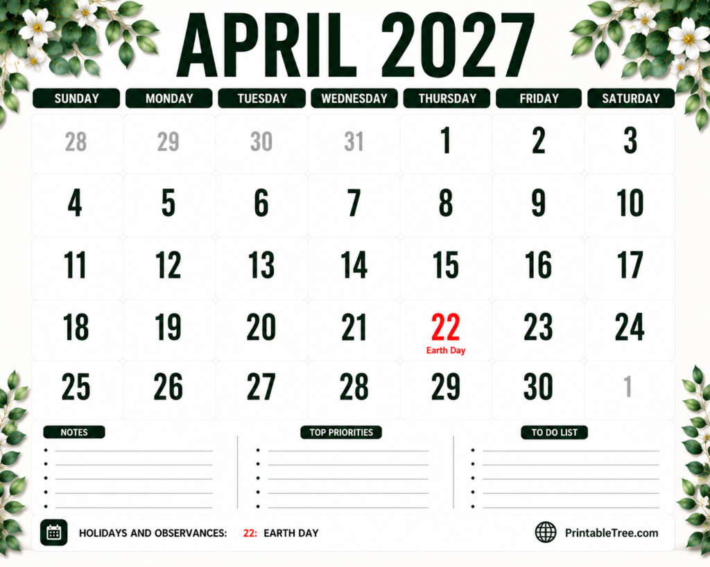 April 2027 Calendar Floral Style