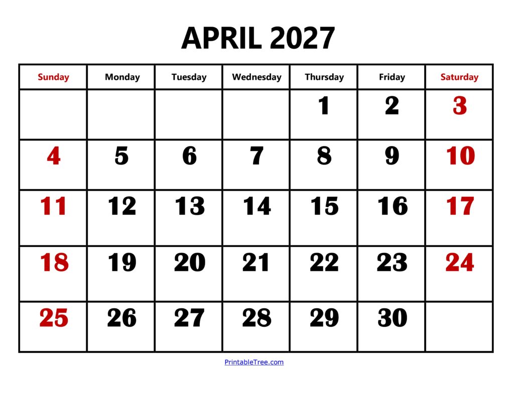 April 2027 Calendar Large Number