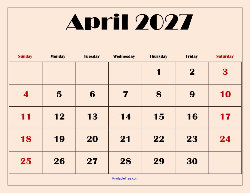 April 2027 Calendar with Light Pink