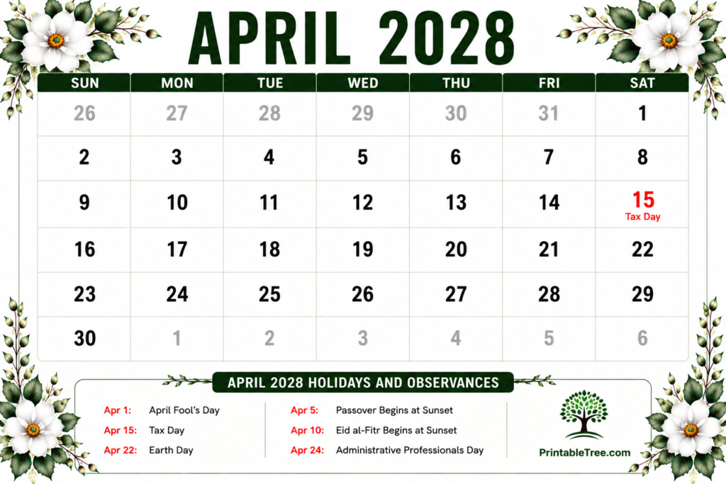 April 2028 Calendar with Holidays