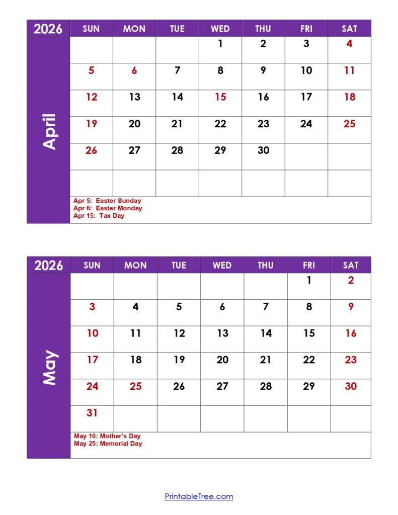 April and May 2026 Calendar with Holidays