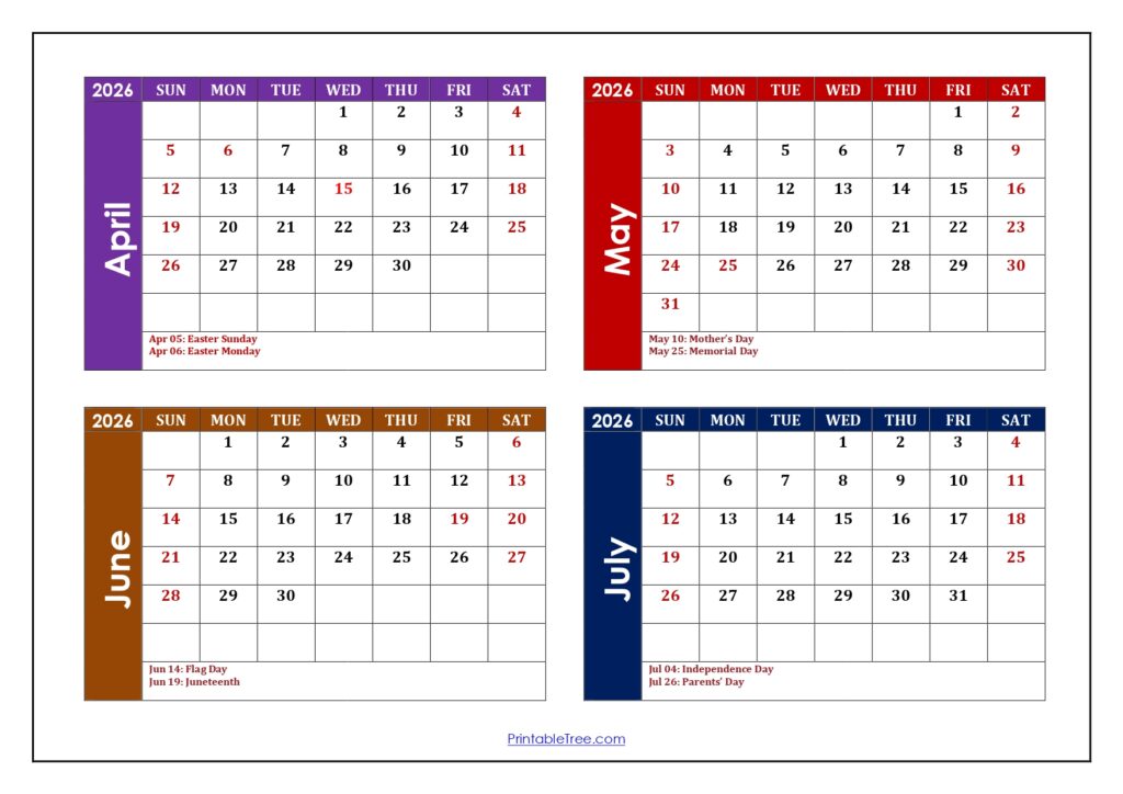April to July 2026 Calendar with Holidays