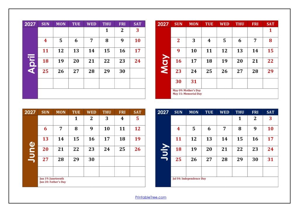 April to July 2027 Calendar with Holidays