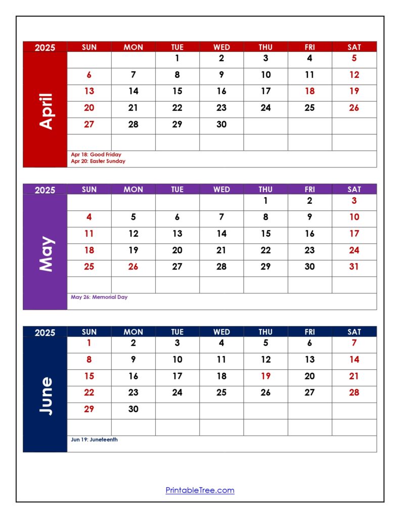 April to June 2025 Calendar with Holidays