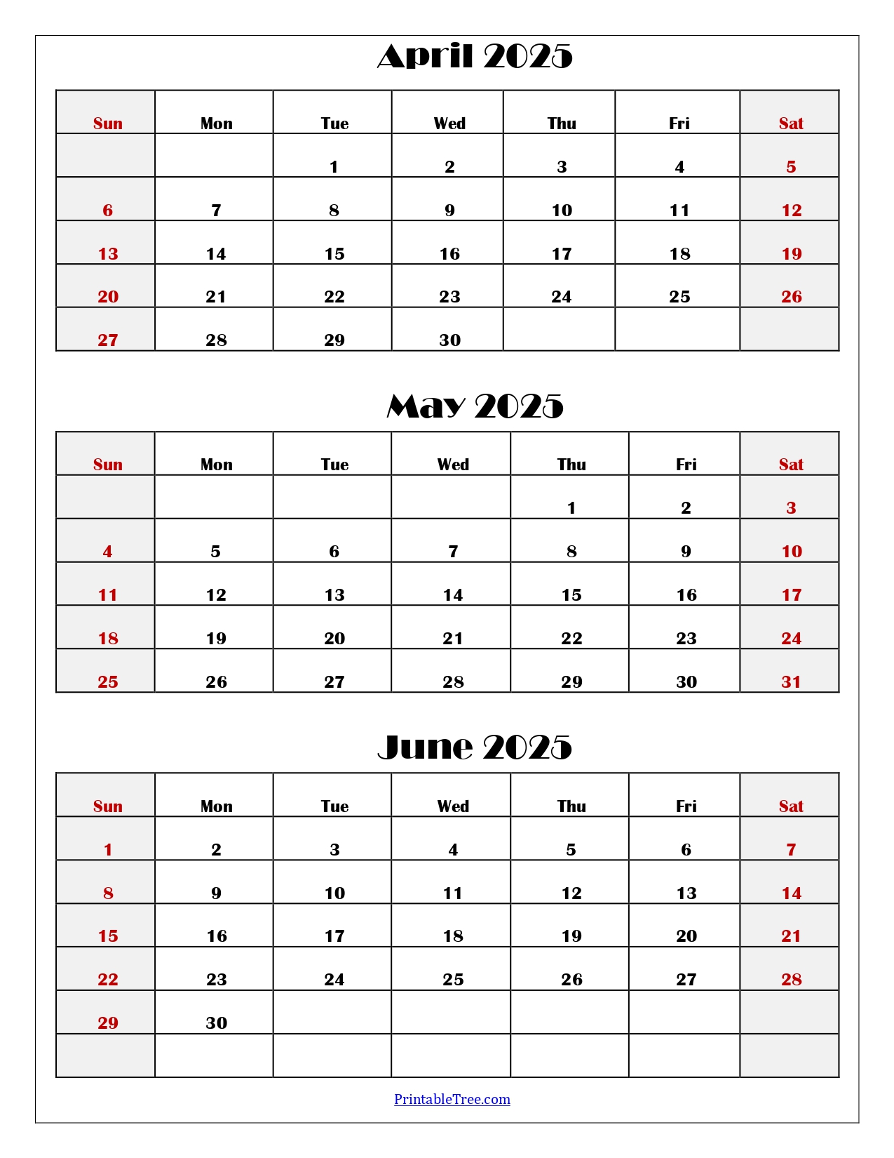 April to June 2025 Calendar Printable PDF | Three Months Calendar