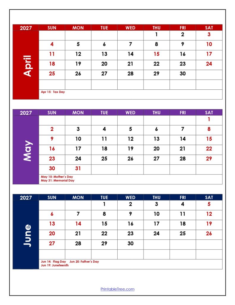 April to June 2027 Calendar with Holidays
