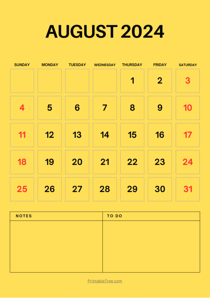 August 2024 Calendar Yellow Portrait with To Do List