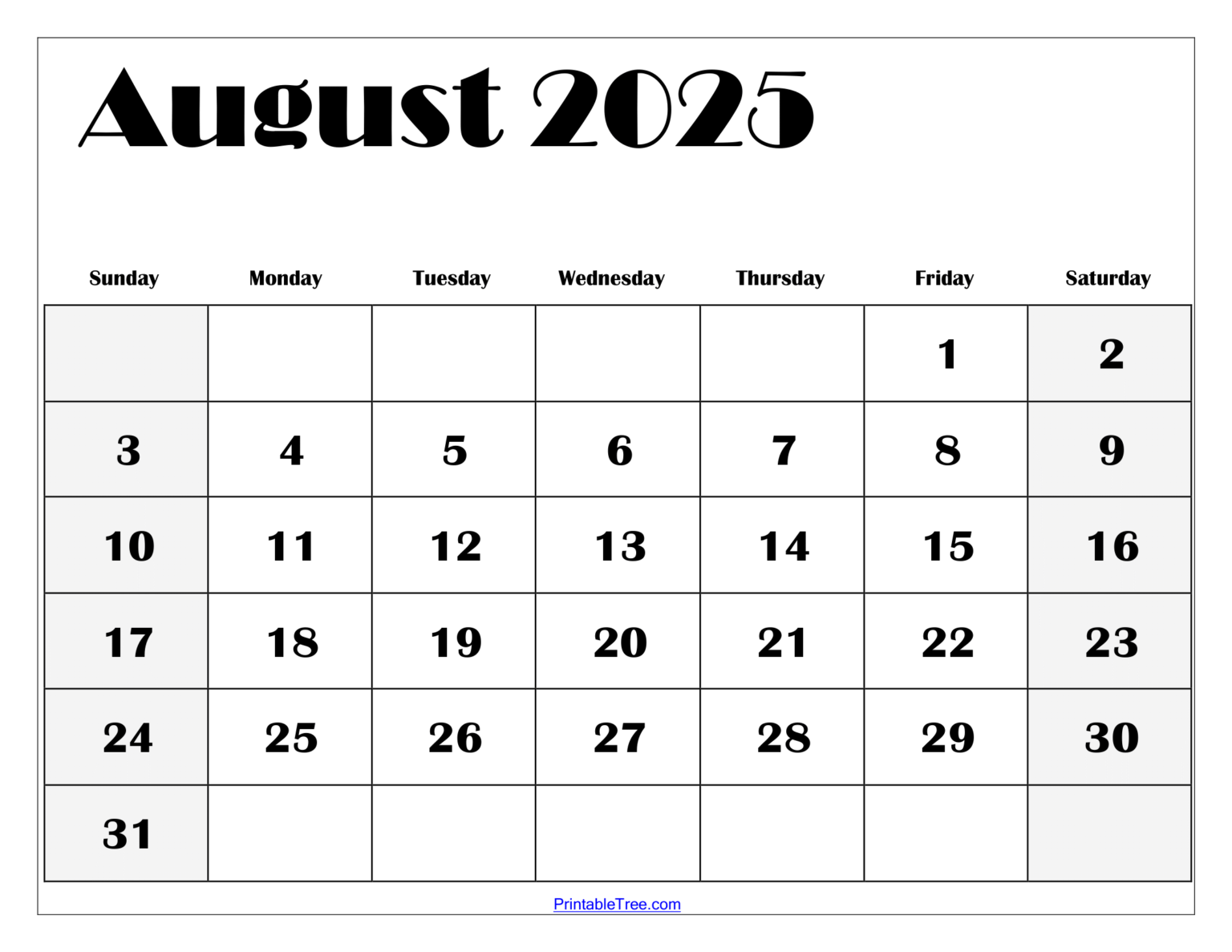 August 2025 Calendar Printable PDF Template with Holidays