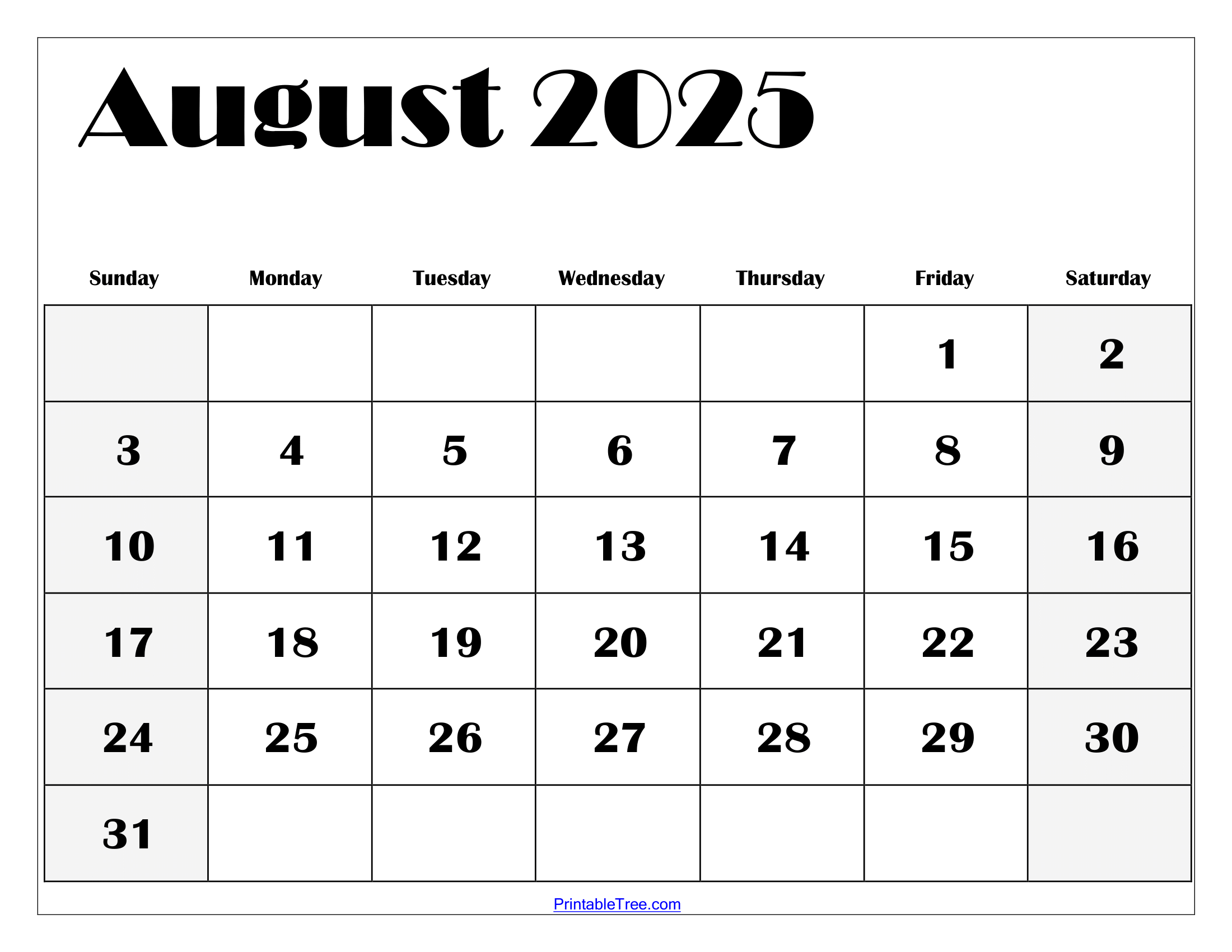 Calendar August 2025 August 2025 Printable Free