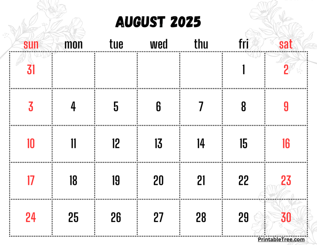 August 2025 Calendar Floral