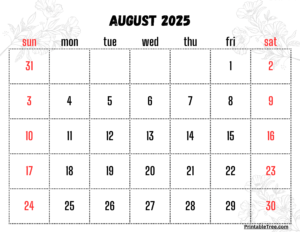 August 2025 Calendar Printable PDF Template with Holidays