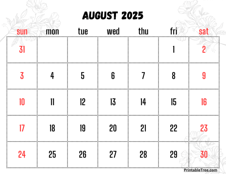 August 2025 Calendar Printable PDF Template with Holidays